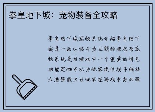 拳皇地下城：宠物装备全攻略